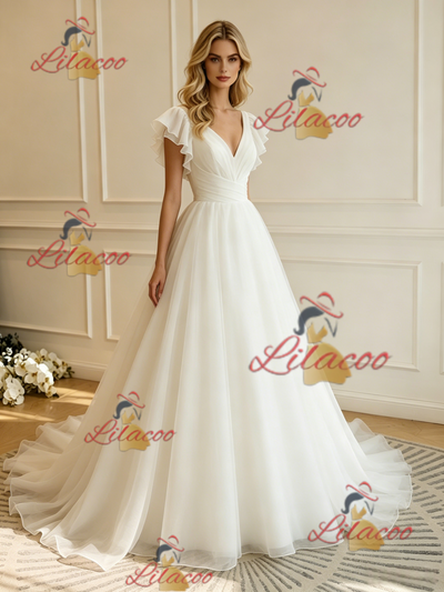 White Tulle V-neck Wedding Dres