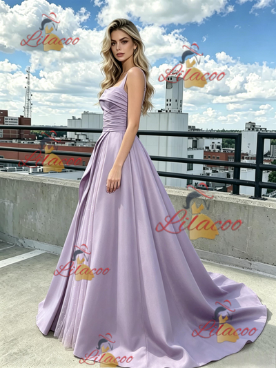 Purple Satin Straps Pleats Prom Dress