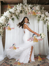 White Mermaid Lace High Neck Wedding Dress