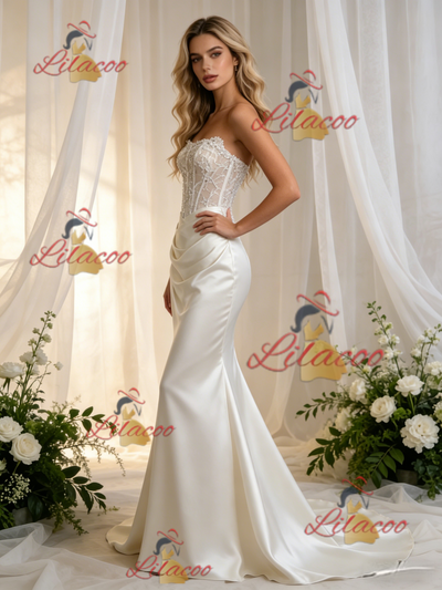 White Mermaid Satin Appliques Strapless Wedding Dress
