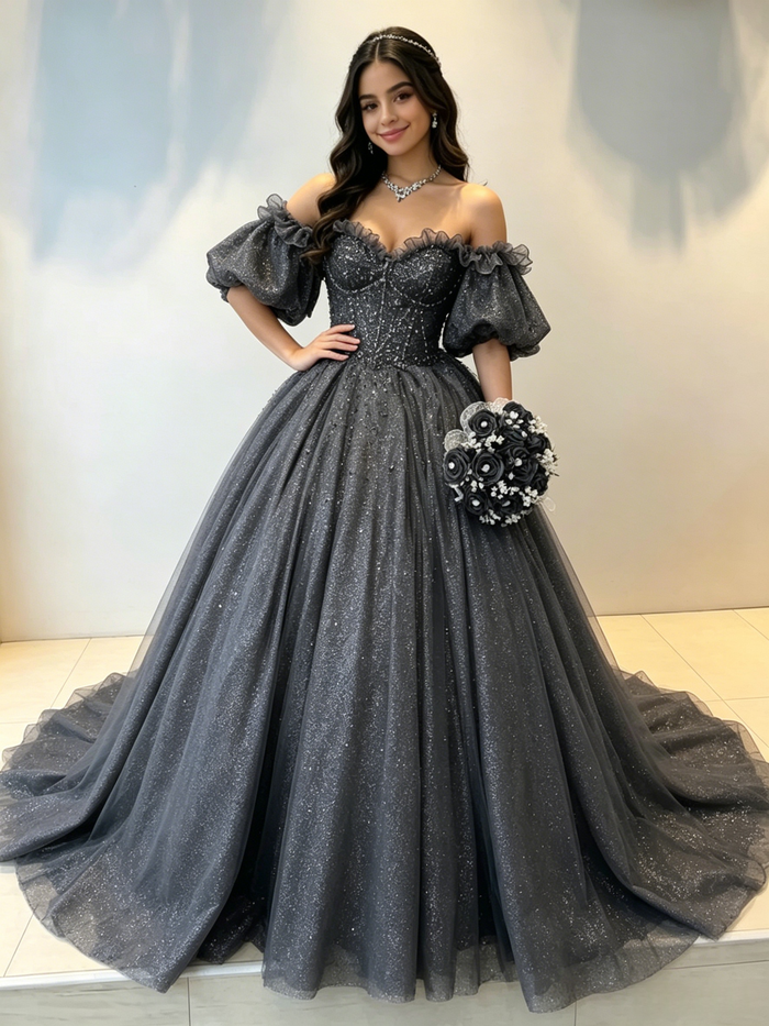 Gray Tulle Sequins Puff Sleeve Beading Quinceanera Dress