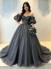 Gray Tulle Sequins Puff Sleeve Beading Quinceanera Dress