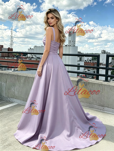 Purple Satin Straps Pleats Prom Dress