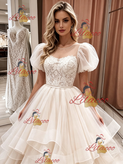 Champagne Tulle Lace Puff Sleeve Wedding Dress