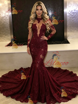 Burgundy Mermaid Lace Long Sleeve Prom Dress