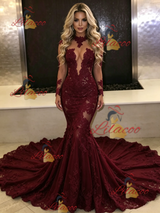 Burgundy Mermaid Lace Long Sleeve Prom Dress