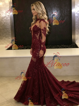 Burgundy Mermaid Lace Long Sleeve Prom Dress