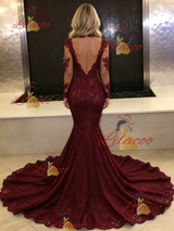 Burgundy Mermaid Lace Long Sleeve Prom Dress
