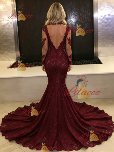 Burgundy Mermaid Lace Long Sleeve Prom Dress