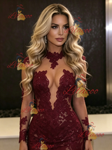 Burgundy Mermaid Lace Long Sleeve Prom Dress