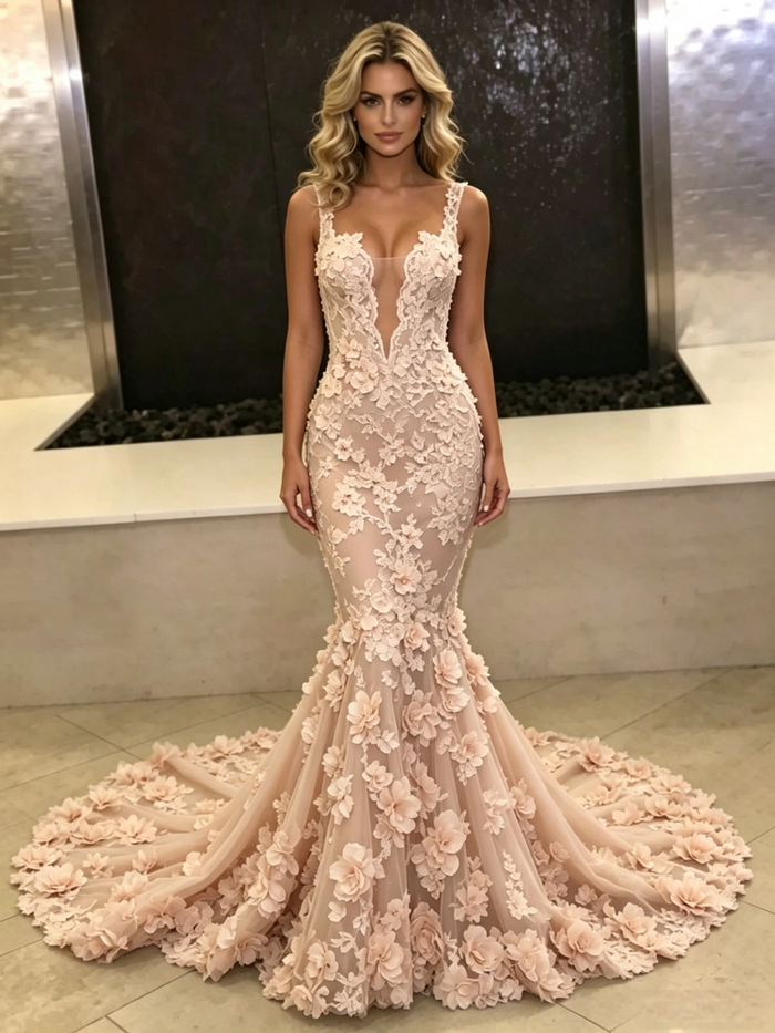 Pink Mermaid Lace Flower Prom Dress