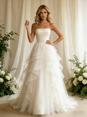 White Tulle Strapless Pleats Wedding Dress