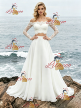 White Two Piece Chiffon Lace Wedding Dress