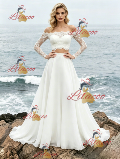 White Two Piece Chiffon Lace Wedding Dress