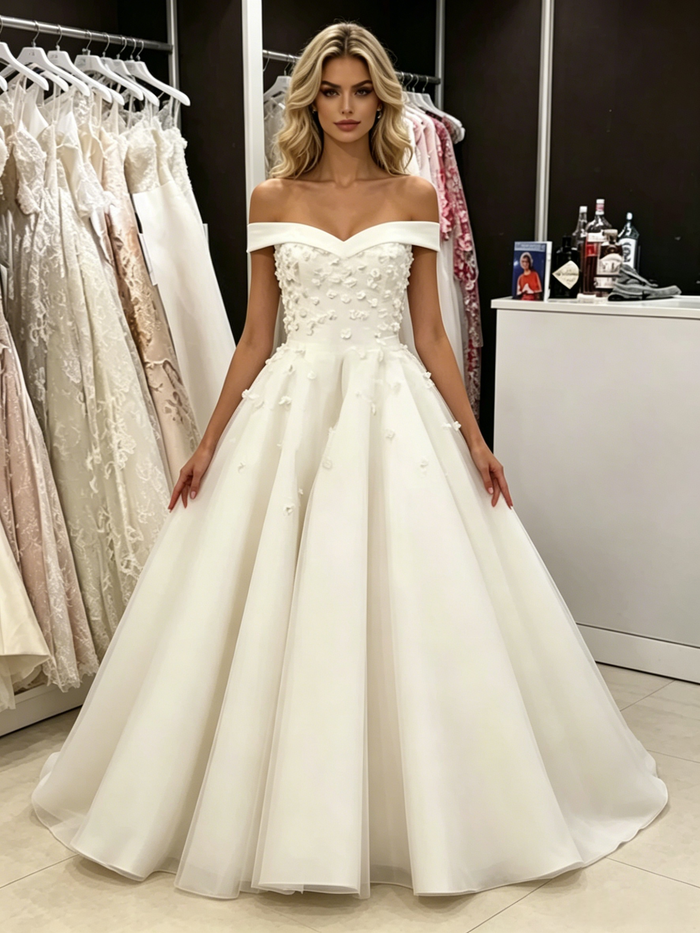 White Tulle Off the Shoulder Appliques Wedding Dress