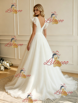 White Tulle V-neck Wedding Dres