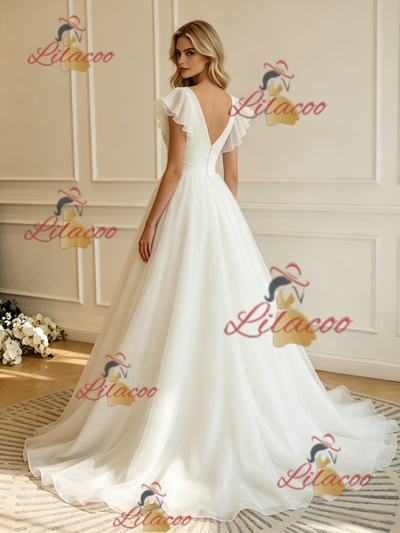 White Tulle V-neck Wedding Dres
