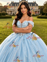 Blue Tulle Sequins Appliques Quinceanera Dress