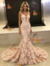 Pink Mermaid Lace Flower Prom Dress