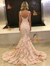 Pink Mermaid Lace Flower Prom Dress