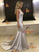 Silver Gray Mermaid Backless Prom Dress