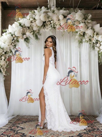White Mermaid Lace High Neck Wedding Dress