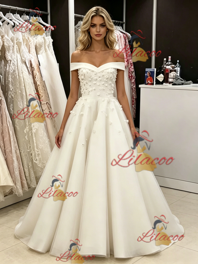 White Tulle Off the Shoulder Appliques Wedding Dress