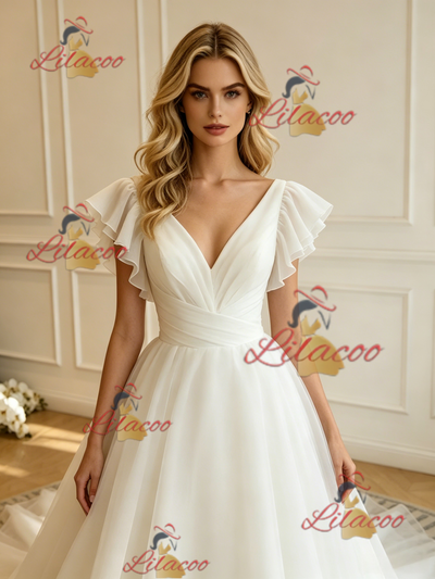 White Tulle V-neck Wedding Dres