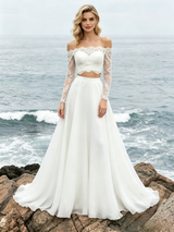 White Two Piece Chiffon Lace Wedding Dress