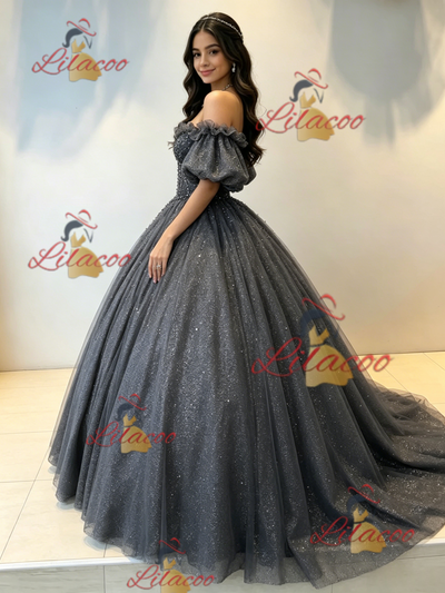 Gray Tulle Sequins Puff Sleeve Beading Quinceanera Dress