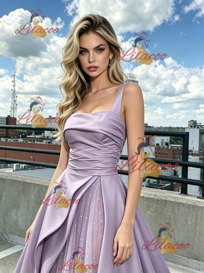 Purple Satin Straps Pleats Prom Dress