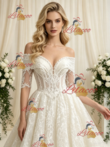 Vintage Lace Short Sleeve Beading Wedding Dress