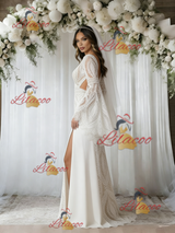 White Lace V-neck Long Sleeve Wedding Dress