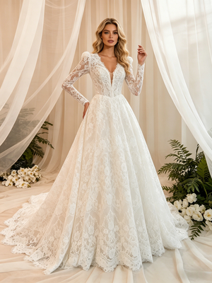 White Lace Long Sleeve V-neck Wedding Dress