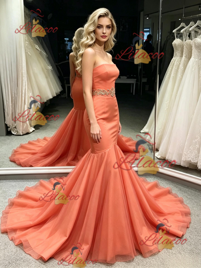 Oragne Mermaid Strapless Prom Dress