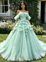 Grene Tulle Off the Shoulder 3D Flower Quinceanera Dress