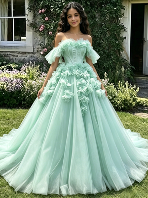 Green Tulle Off the Shoulder 3D Flower Quinceanera Dress