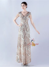 V-neck Sequins Cap Sleeve Beading Sequins Prom Dress