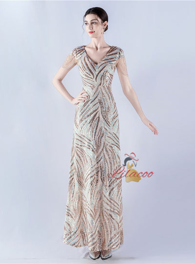 V-neck Sequins Cap Sleeve Beading Sequins Prom Dress