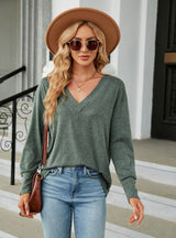 V-neck Loose Long Sleeve Button T-shirt