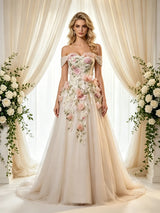 Ivory Tulle Off the Shoulder Appliques Wedding Dress