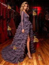 Dark Purple Tulle Long Sleeve Prom Dress