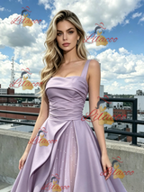 Purple Satin Straps Pleats Prom Dress