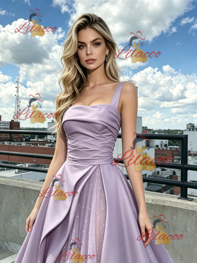 Purple Satin Straps Pleats Prom Dress