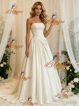 Ivory Satin Strapless Pleats Wedding Dress