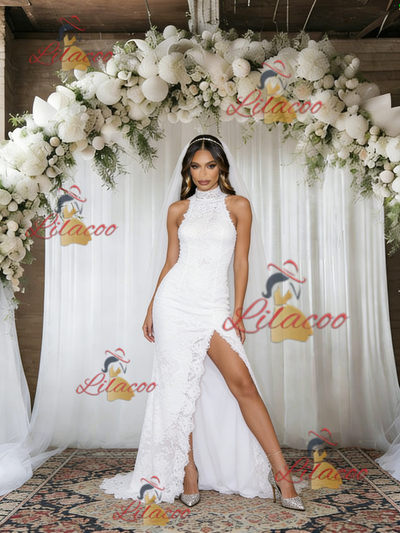 White Mermaid Lace High Neck Wedding Dress