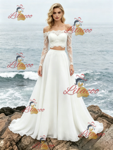 White Two Piece Chiffon Lace Wedding Dress