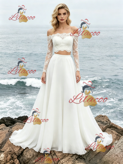 White Two Piece Chiffon Lace Wedding Dress