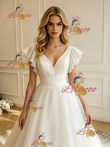 White Tulle V-neck Wedding Dres