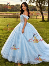 Blue Tulle Sequins Appliques Quinceanera Dress